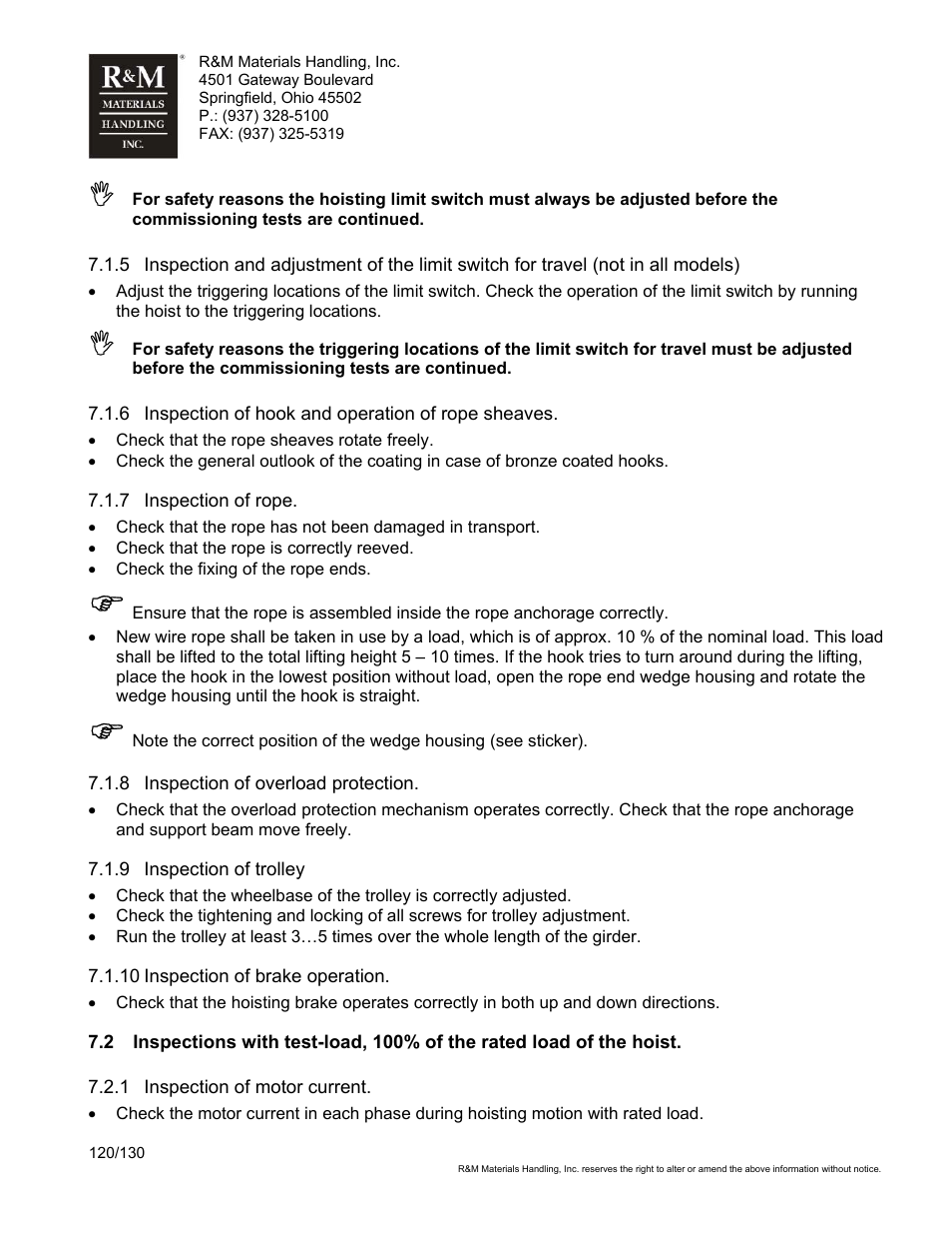 R&M Materials Handling WIRE ROPE HOISTS Service User Manual | Page 120 / 130