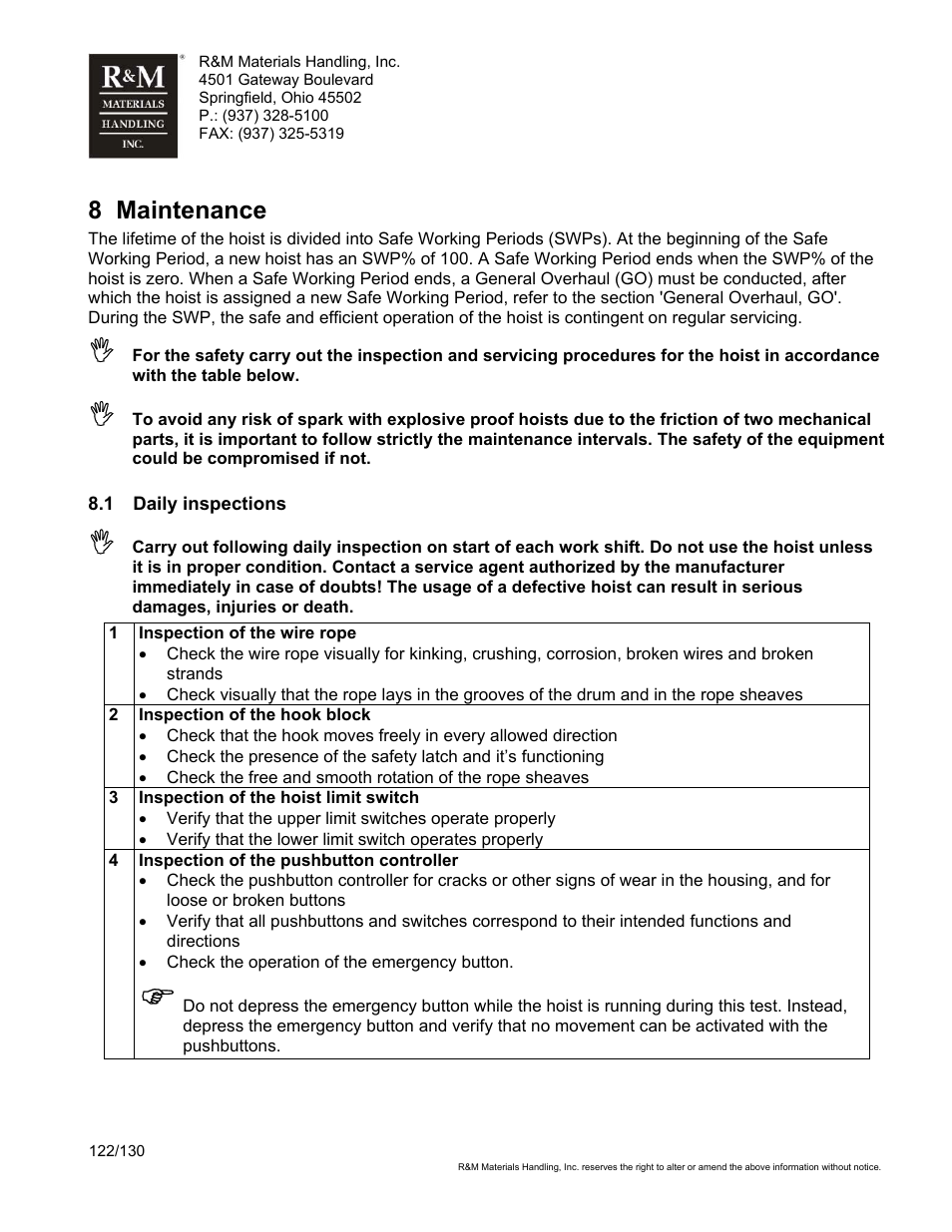 8 maintenance | R&M Materials Handling WIRE ROPE HOISTS Service User Manual | Page 122 / 130
