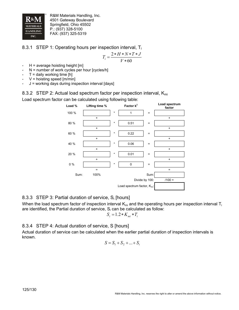 3 step 3: partial duration of service, s, Hours, Tk s ∗ ∗ = 2 . 1 | 4 step 4: actual duration of service, s [hours | R&M Materials Handling WIRE ROPE HOISTS Service User Manual | Page 125 / 130