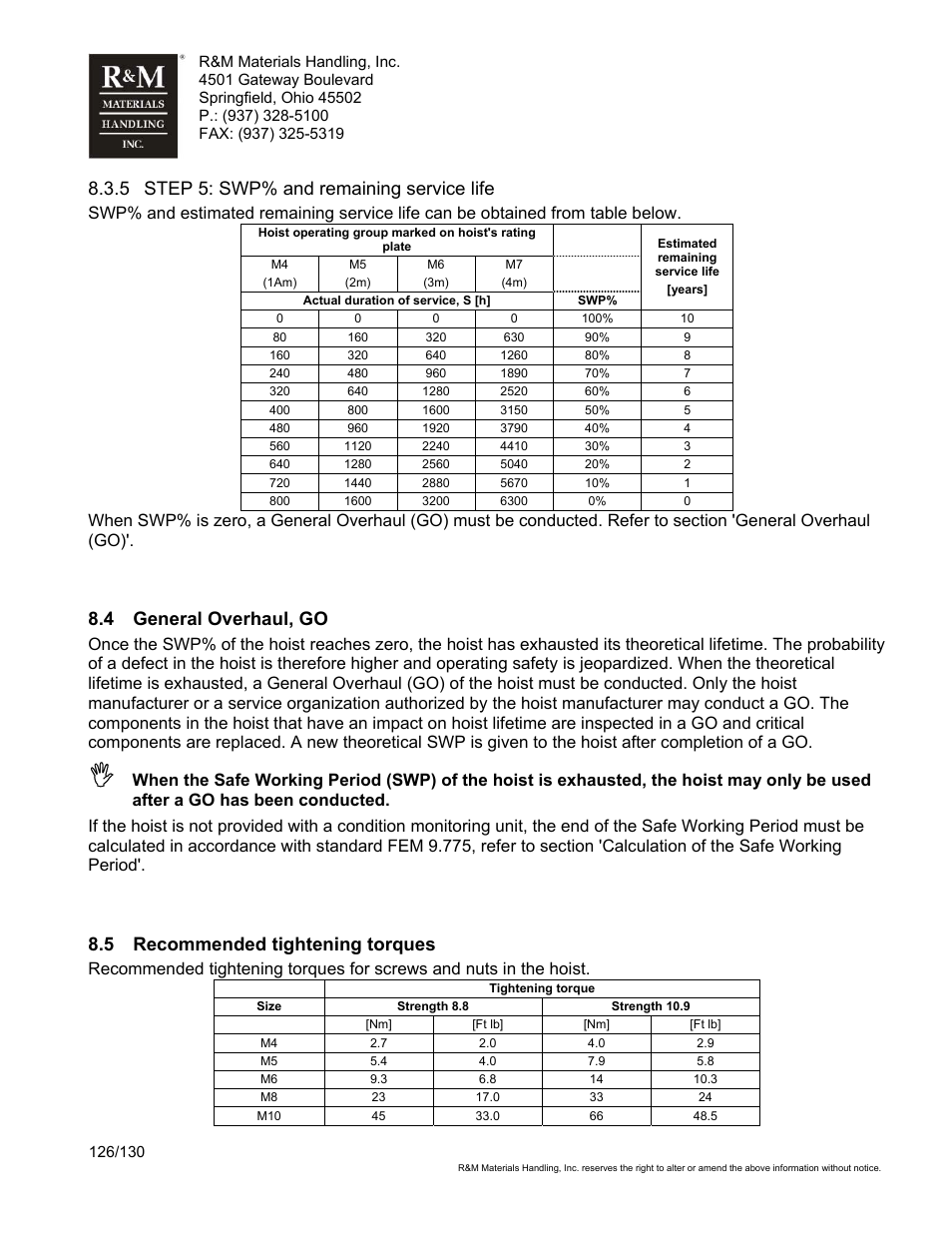 5 step 5: swp% and remaining service life, 4 general overhaul, go, 5 recommended tightening torques | R&M Materials Handling WIRE ROPE HOISTS Service User Manual | Page 126 / 130