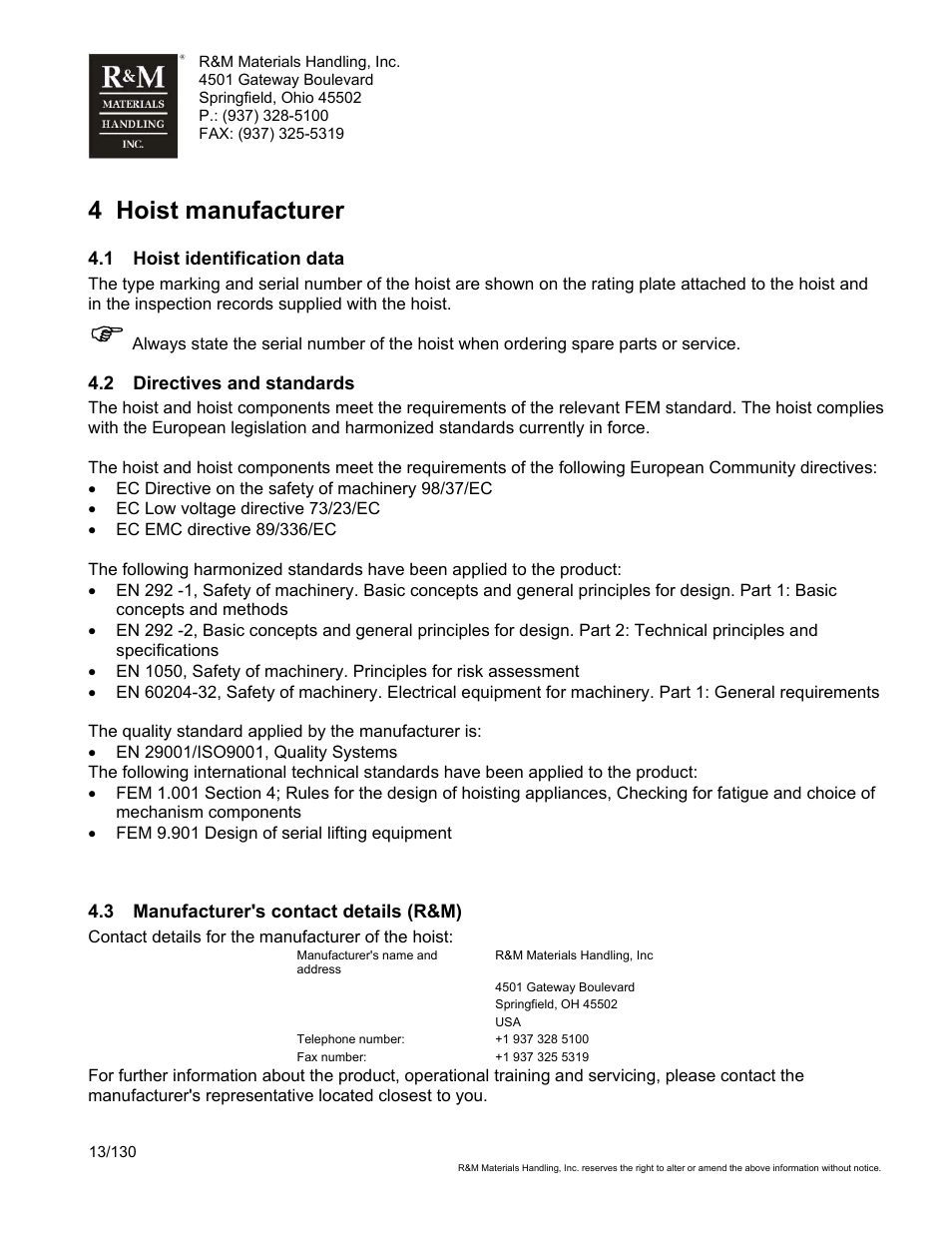 4 hoist manufacturer | R&M Materials Handling WIRE ROPE HOISTS Service User Manual | Page 13 / 130