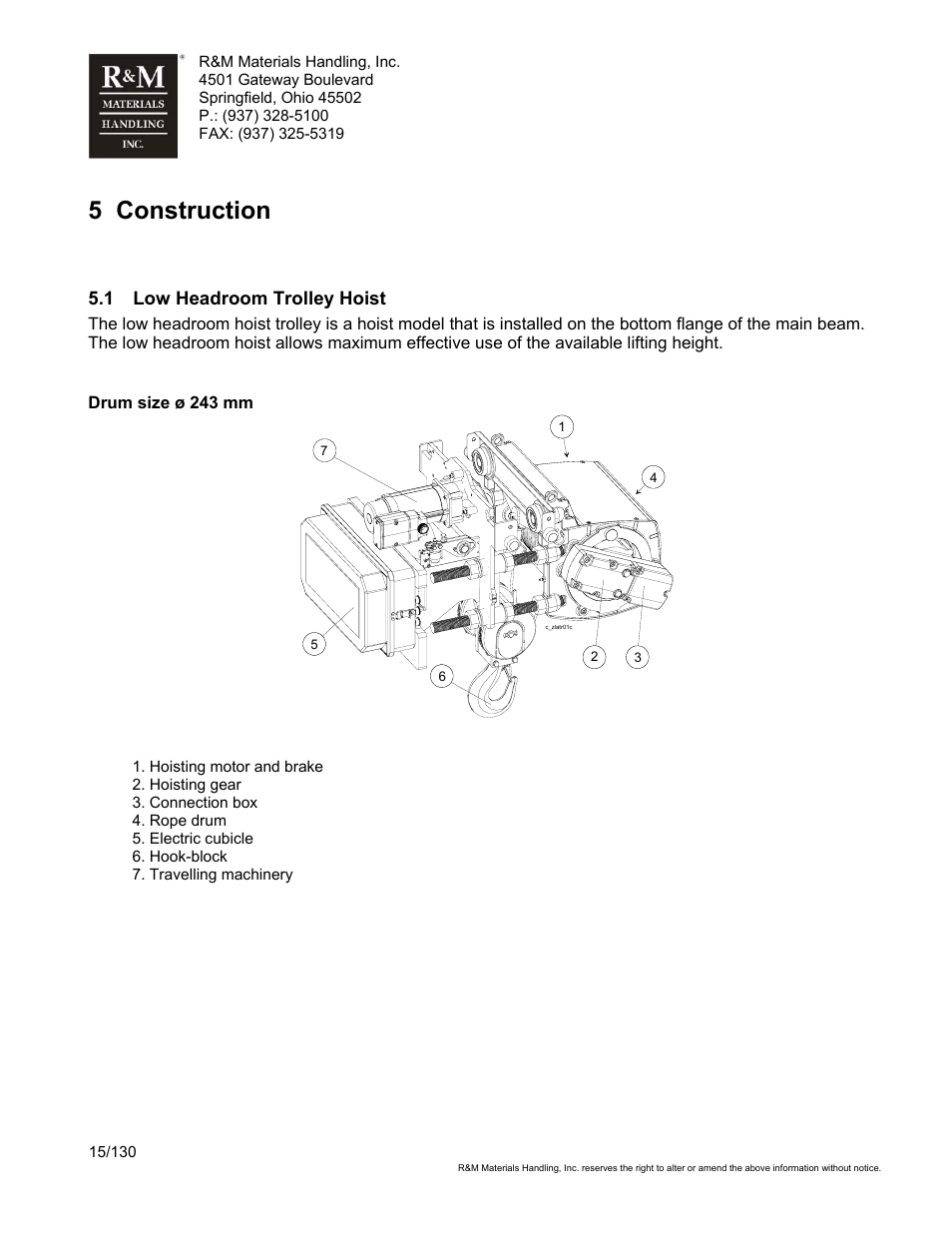5 construction, 1 low headroom trolley hoist | R&M Materials Handling WIRE ROPE HOISTS Service User Manual | Page 15 / 130