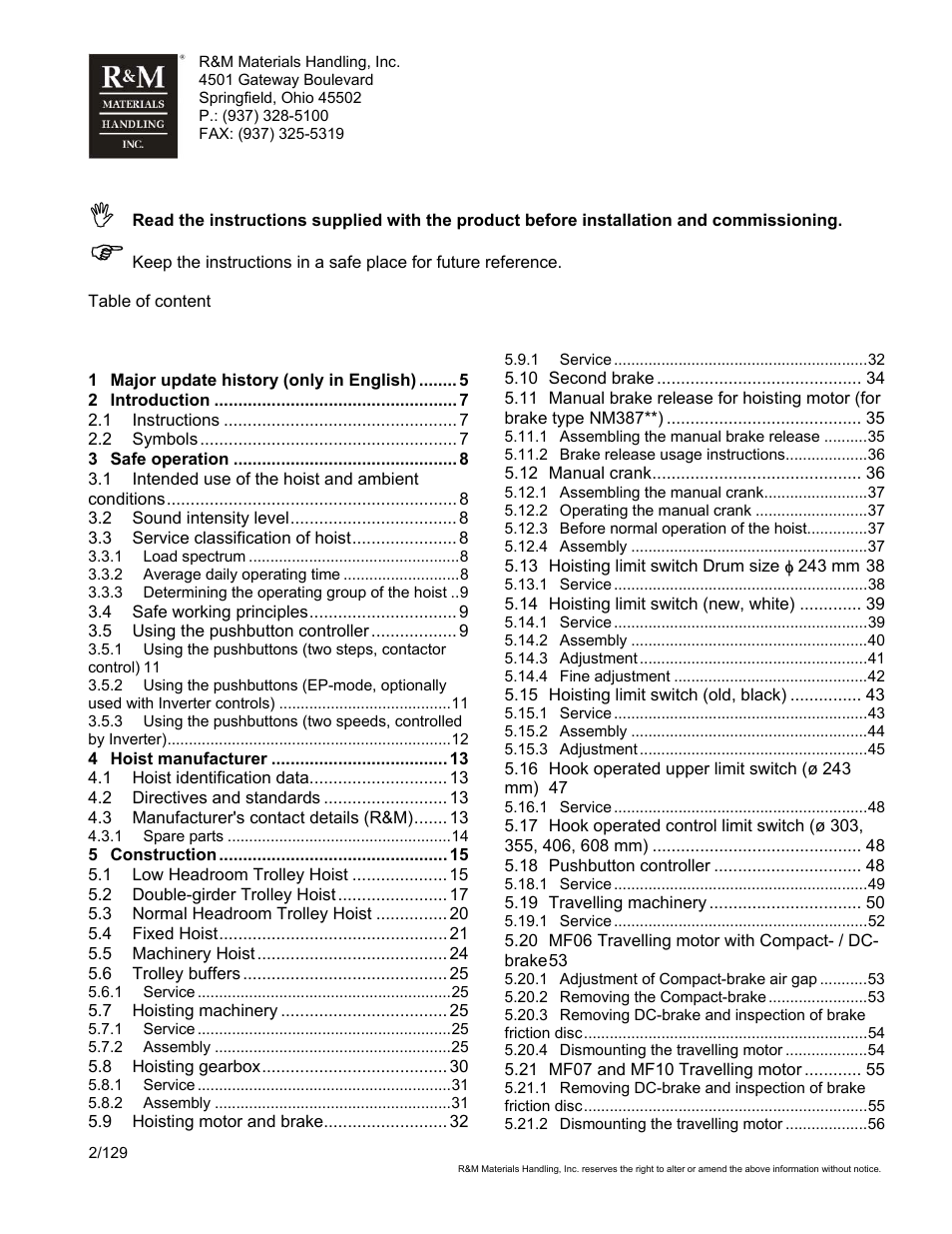 R&M Materials Handling WIRE ROPE HOISTS Service User Manual | Page 2 / 130