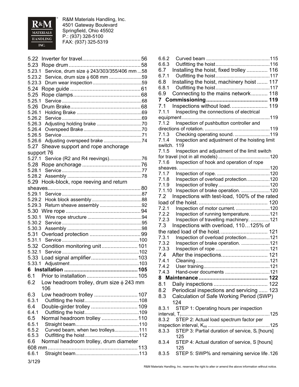 R&M Materials Handling WIRE ROPE HOISTS Service User Manual | Page 3 / 130