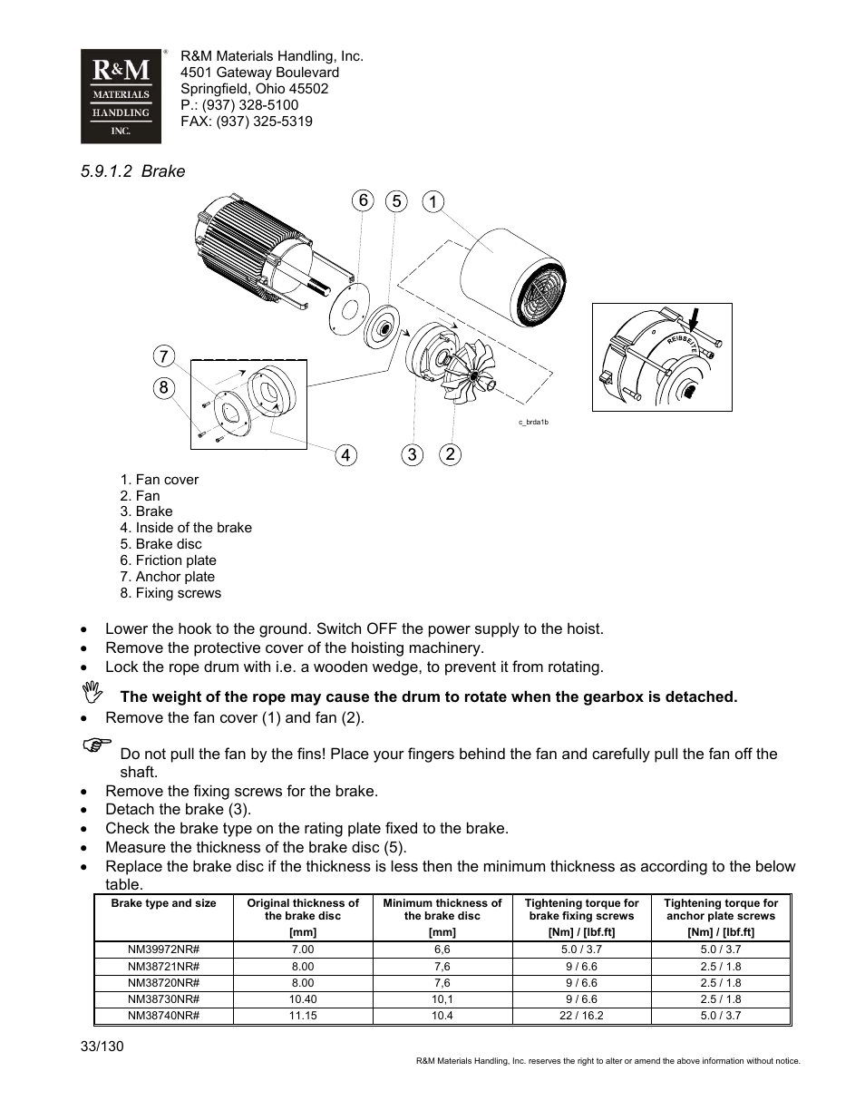 2 brake | R&M Materials Handling WIRE ROPE HOISTS Service User Manual | Page 33 / 130