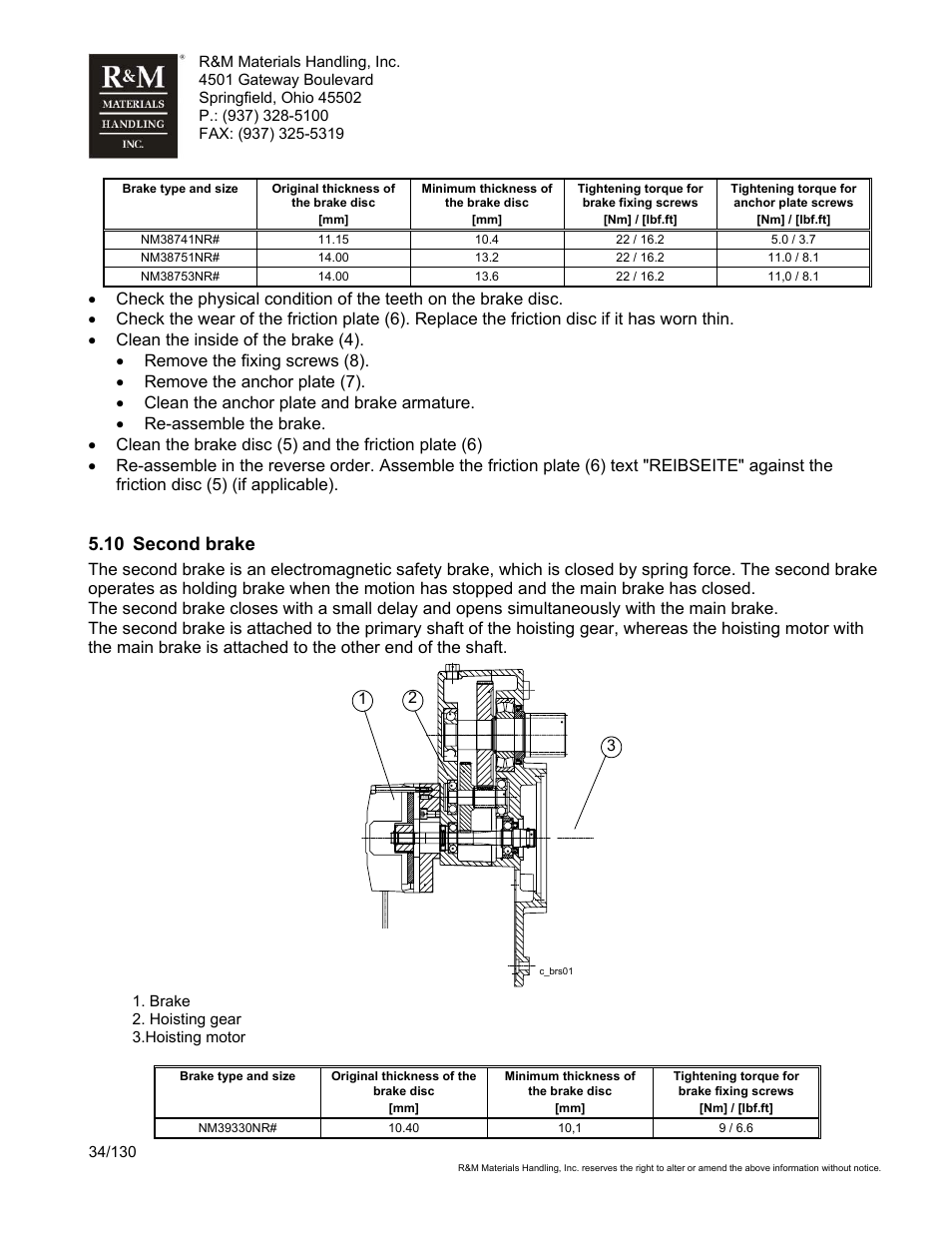 10 second brake | R&M Materials Handling WIRE ROPE HOISTS Service User Manual | Page 34 / 130