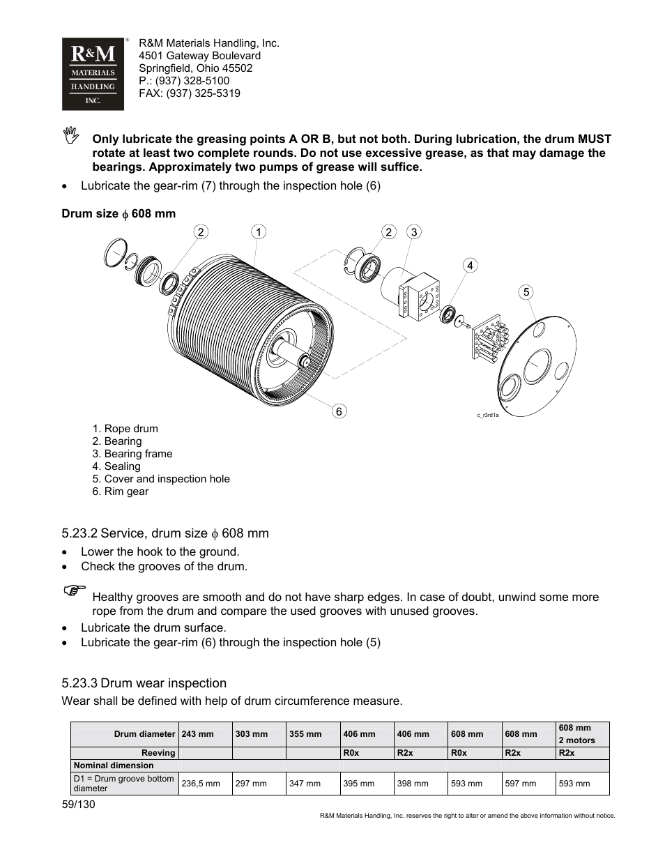 2 service, drum size φ 608 mm, 3 drum wear inspection | R&M Materials Handling WIRE ROPE HOISTS Service User Manual | Page 59 / 130