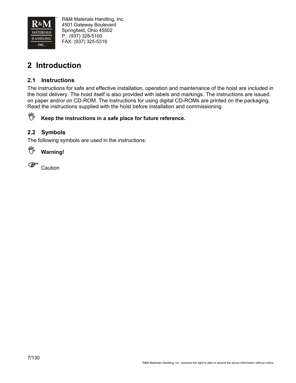 2 introduction | R&M Materials Handling WIRE ROPE HOISTS Service User Manual | Page 7 / 130