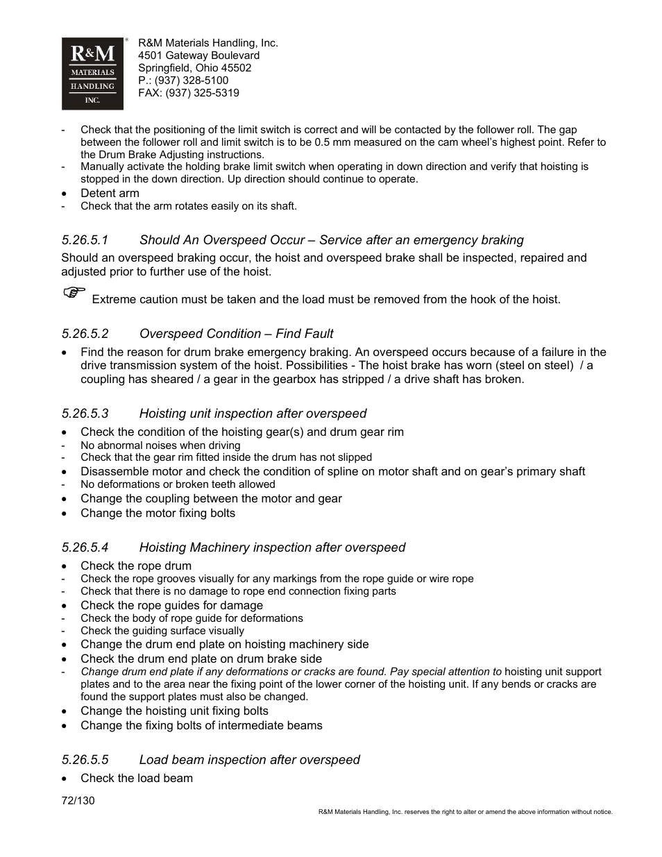 R&M Materials Handling WIRE ROPE HOISTS Service User Manual | Page 72 / 130
