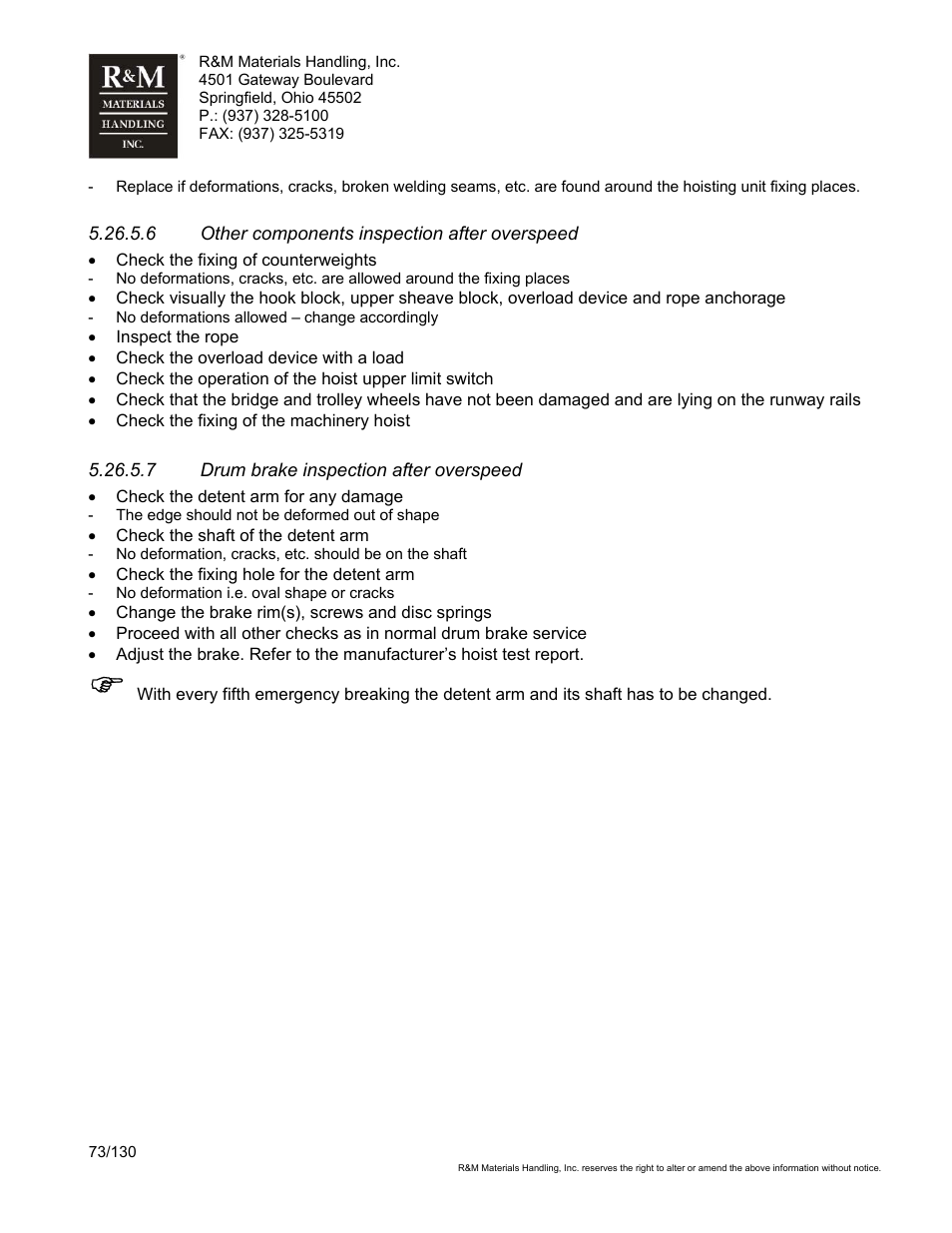 R&M Materials Handling WIRE ROPE HOISTS Service User Manual | Page 73 / 130