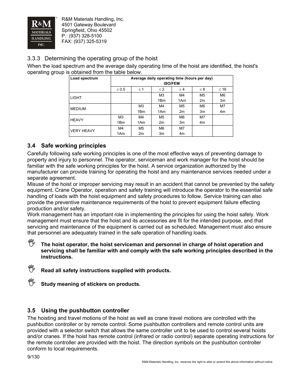 3 determining the operating group of the hoist, 4 safe working principles, 5 using the pushbutton controller | R&M Materials Handling WIRE ROPE HOISTS Service User Manual | Page 9 / 130