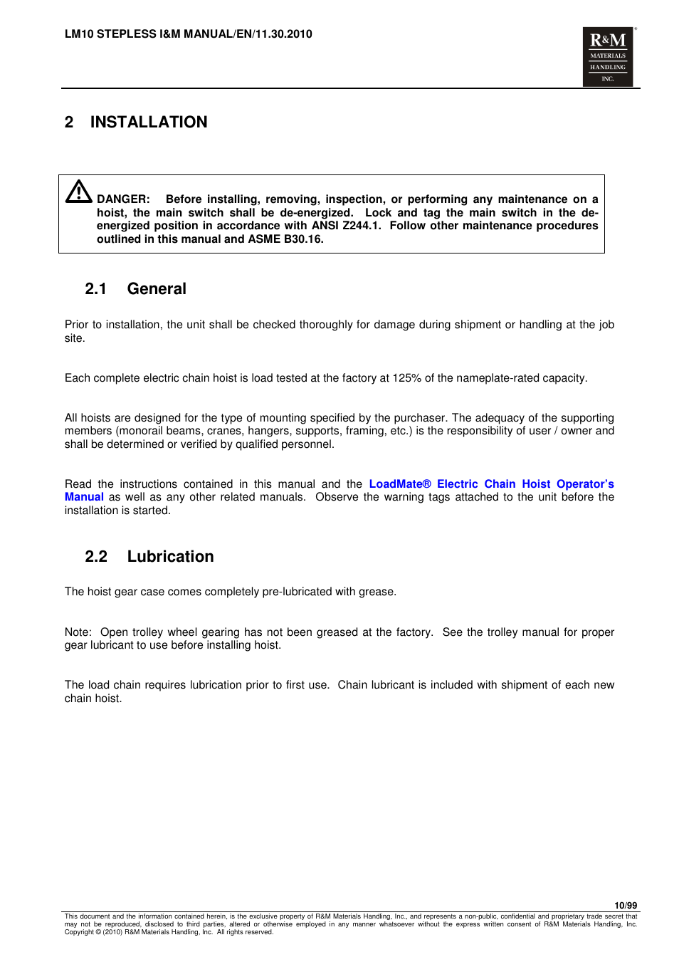 2 installation, 1 general, 2 lubrication | R&M Materials Handling ELECTRIC CHAIN HOISTS LoadMate Chain Hoist LM 10 Stepless User Manual | Page 10 / 99