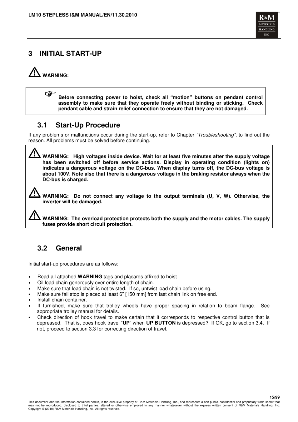 3 initial start-up, 1 start-up procedure, 2 general | R&M Materials Handling ELECTRIC CHAIN HOISTS LoadMate Chain Hoist LM 10 Stepless User Manual | Page 15 / 99