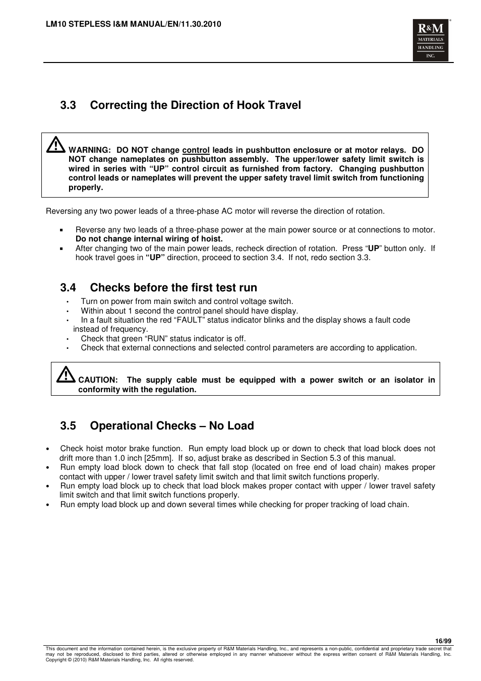 3 correcting the direction of hook travel, 4 checks before the first test run, 5 operational checks – no load | R&M Materials Handling ELECTRIC CHAIN HOISTS LoadMate Chain Hoist LM 10 Stepless User Manual | Page 16 / 99