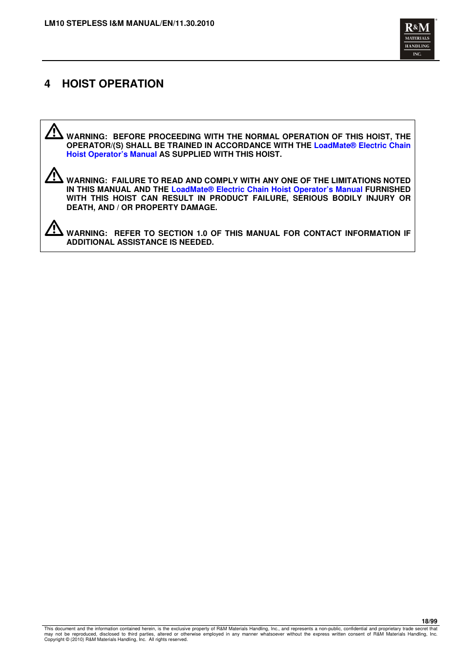 4 hoist operation | R&M Materials Handling ELECTRIC CHAIN HOISTS LoadMate Chain Hoist LM 10 Stepless User Manual | Page 18 / 99
