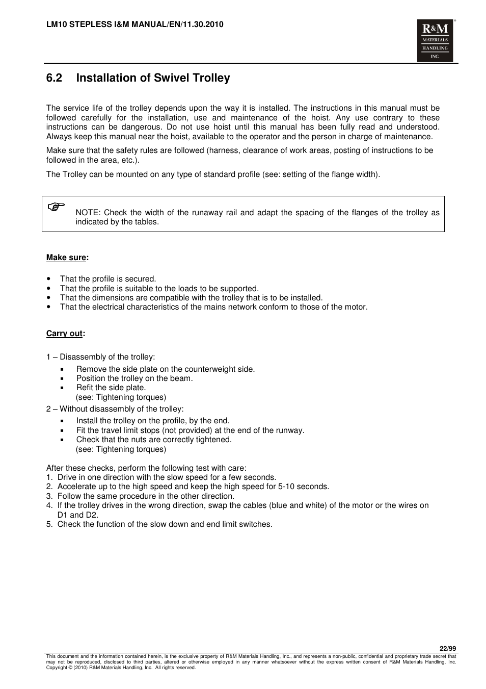 2 installation of swivel trolley | R&M Materials Handling ELECTRIC CHAIN HOISTS LoadMate Chain Hoist LM 10 Stepless User Manual | Page 22 / 99