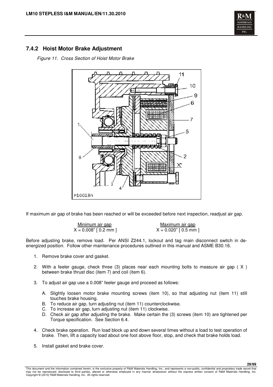 2 hoist motor brake adjustment | R&M Materials Handling ELECTRIC CHAIN HOISTS LoadMate Chain Hoist LM 10 Stepless User Manual | Page 29 / 99
