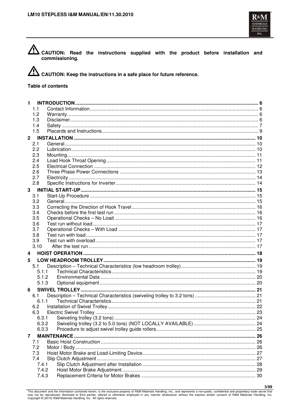 R&M Materials Handling ELECTRIC CHAIN HOISTS LoadMate Chain Hoist LM 10 Stepless User Manual | Page 3 / 99