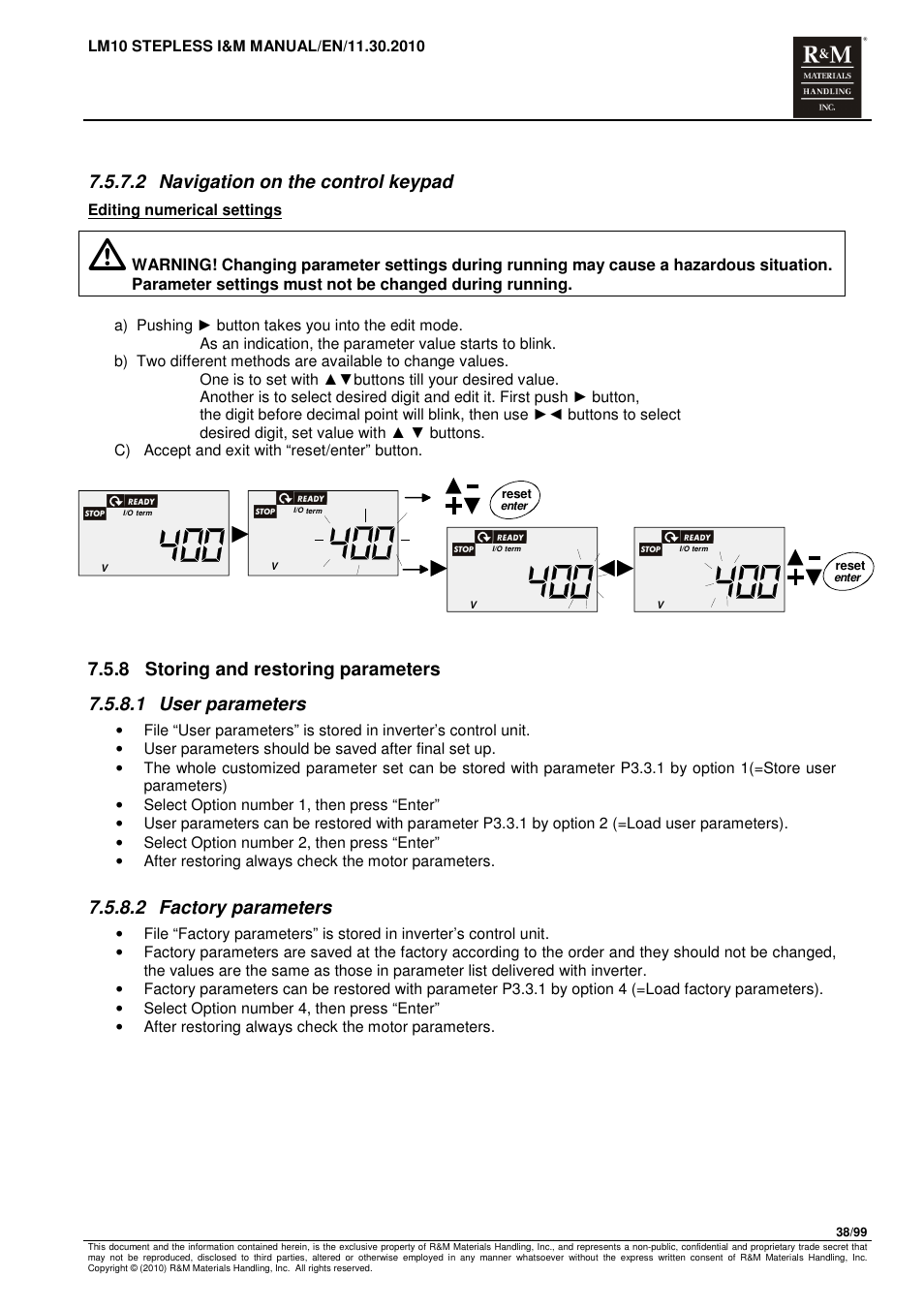 2 navigation on the control keypad, 2 factory parameters | R&M Materials Handling ELECTRIC CHAIN HOISTS LoadMate Chain Hoist LM 10 Stepless User Manual | Page 38 / 99