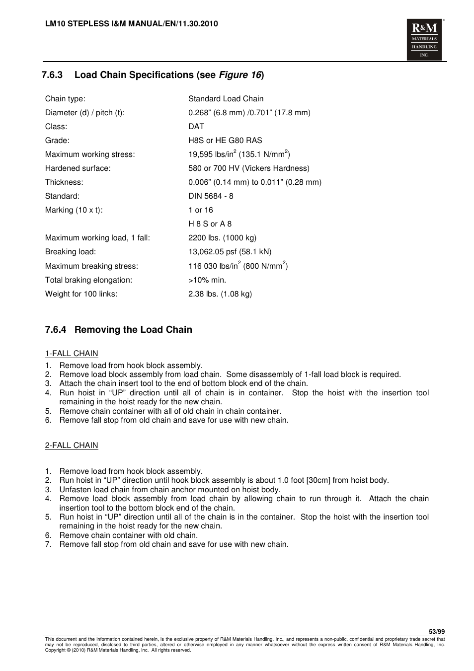 3 load chain specifications (see figure 16 ), 4 removing the load chain | R&M Materials Handling ELECTRIC CHAIN HOISTS LoadMate Chain Hoist LM 10 Stepless User Manual | Page 53 / 99