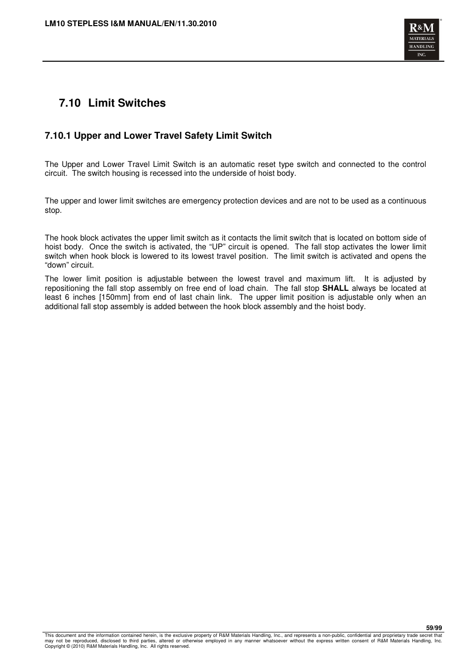 10 limit switches, 1 upper and lower travel safety limit switch | R&M Materials Handling ELECTRIC CHAIN HOISTS LoadMate Chain Hoist LM 10 Stepless User Manual | Page 59 / 99
