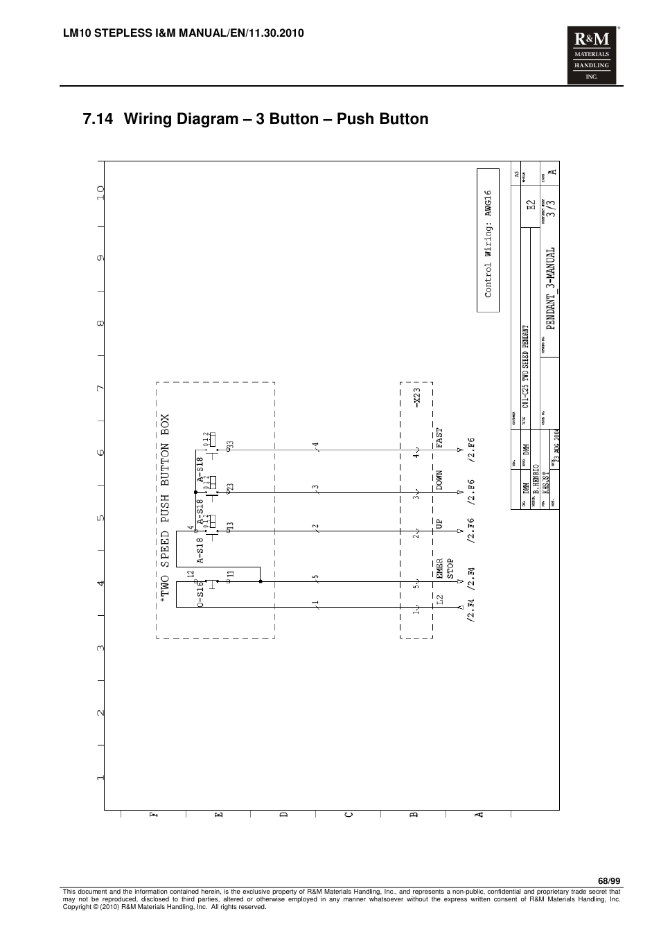 14 wiring diagram – 3 button – push button | R&M Materials Handling ELECTRIC CHAIN HOISTS LoadMate Chain Hoist LM 10 Stepless User Manual | Page 68 / 99