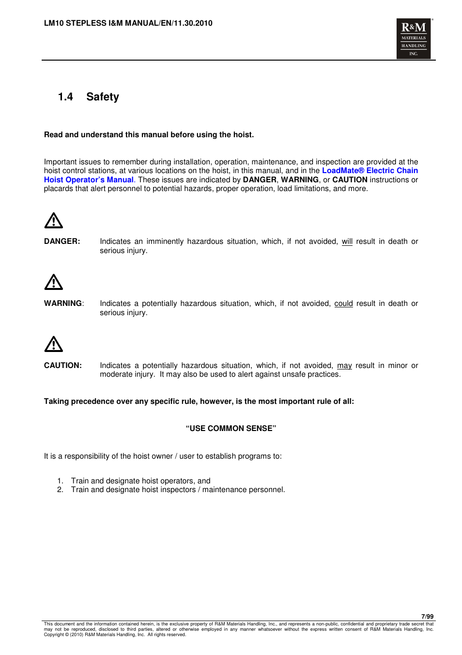 4 safety | R&M Materials Handling ELECTRIC CHAIN HOISTS LoadMate Chain Hoist LM 10 Stepless User Manual | Page 7 / 99