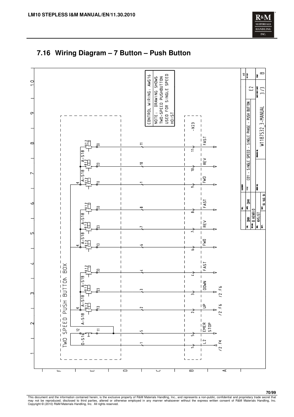 16 wiring diagram – 7 button – push button | R&M Materials Handling ELECTRIC CHAIN HOISTS LoadMate Chain Hoist LM 10 Stepless User Manual | Page 70 / 99