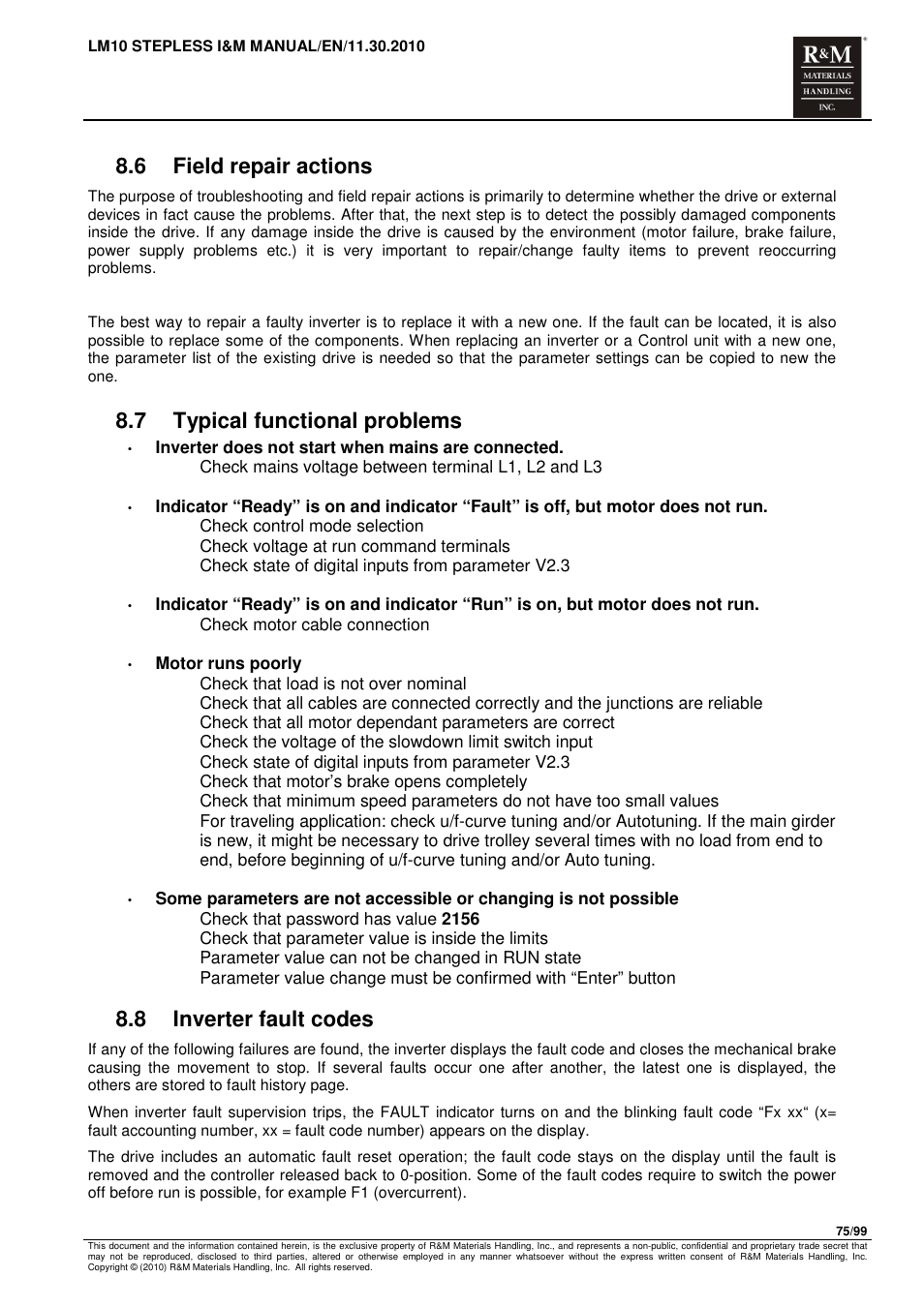 6 field repair actions, 7 typical functional problems, 8 inverter fault codes | R&M Materials Handling ELECTRIC CHAIN HOISTS LoadMate Chain Hoist LM 10 Stepless User Manual | Page 75 / 99