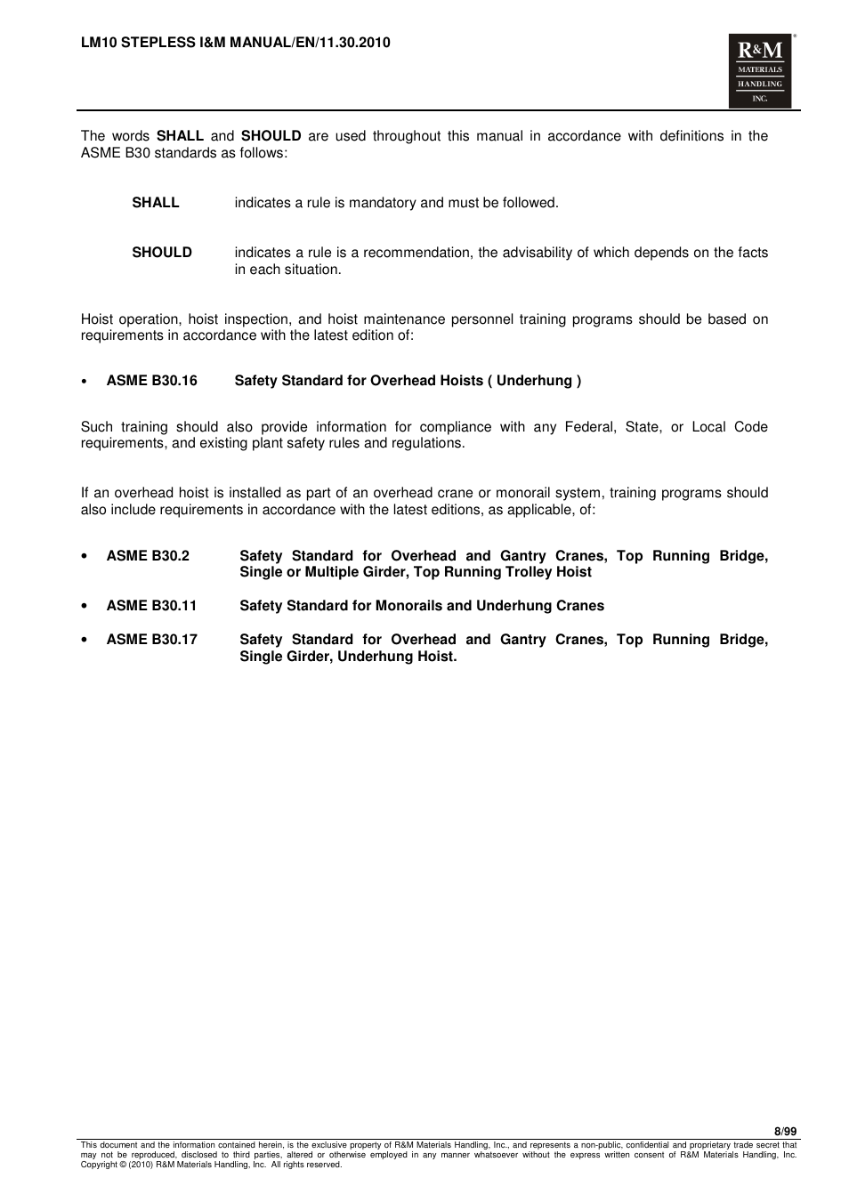 R&M Materials Handling ELECTRIC CHAIN HOISTS LoadMate Chain Hoist LM 10 Stepless User Manual | Page 8 / 99
