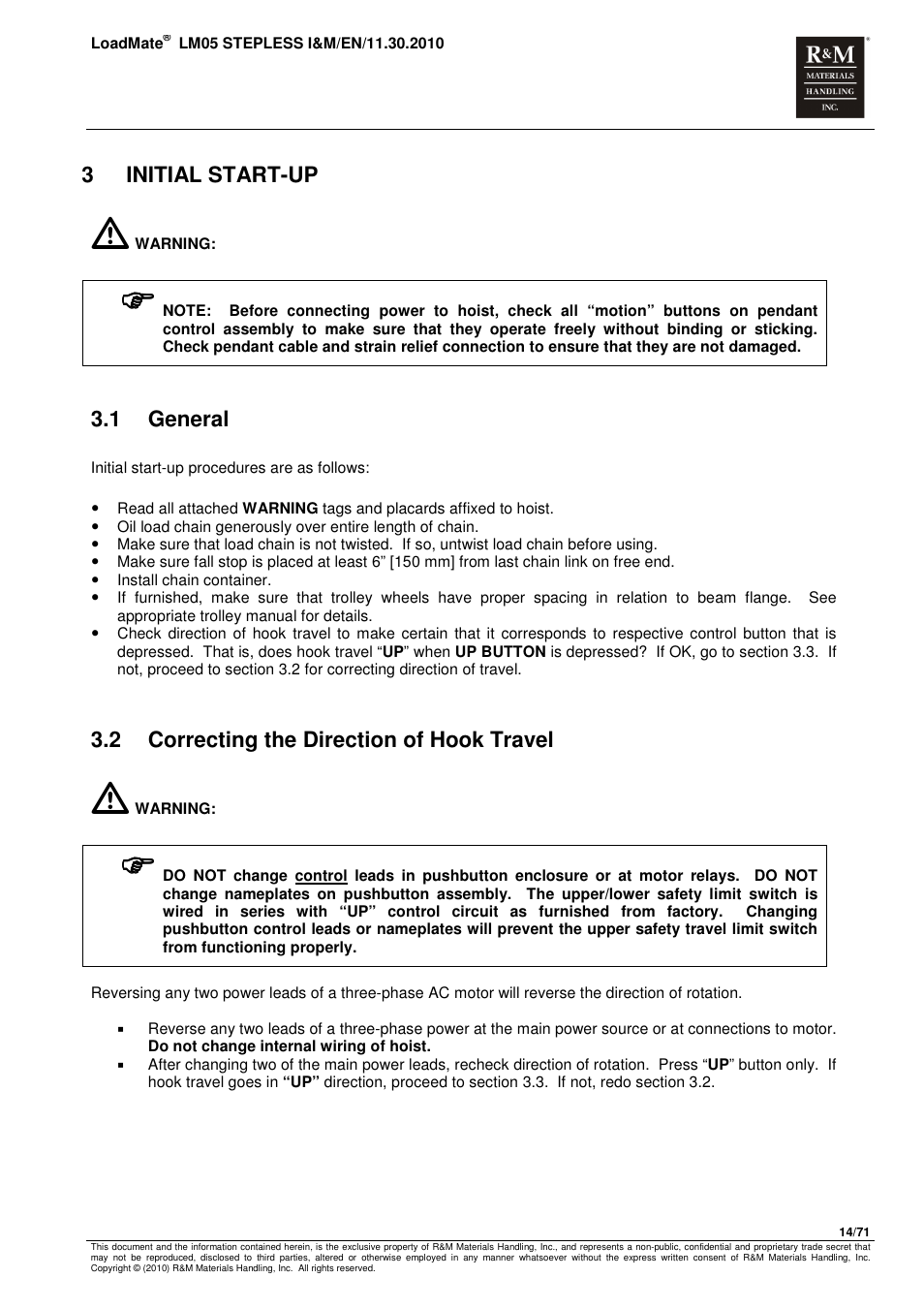 3initial start-up, 1 general, 2 correcting the direction of hook travel | R&M Materials Handling ELECTRIC CHAIN HOISTS LoadMate Chain Hoist LM 5 Stepless User Manual | Page 14 / 71
