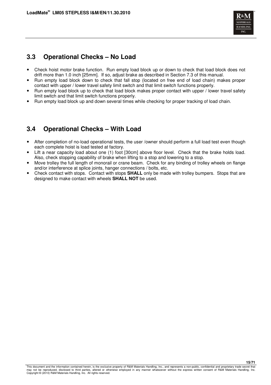3 operational checks – no load, 4 operational checks – with load | R&M Materials Handling ELECTRIC CHAIN HOISTS LoadMate Chain Hoist LM 5 Stepless User Manual | Page 15 / 71