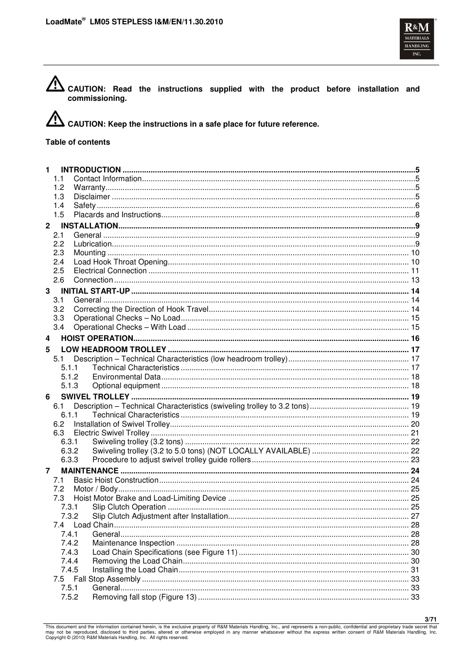 R&M Materials Handling ELECTRIC CHAIN HOISTS LoadMate Chain Hoist LM 5 Stepless User Manual | Page 3 / 71