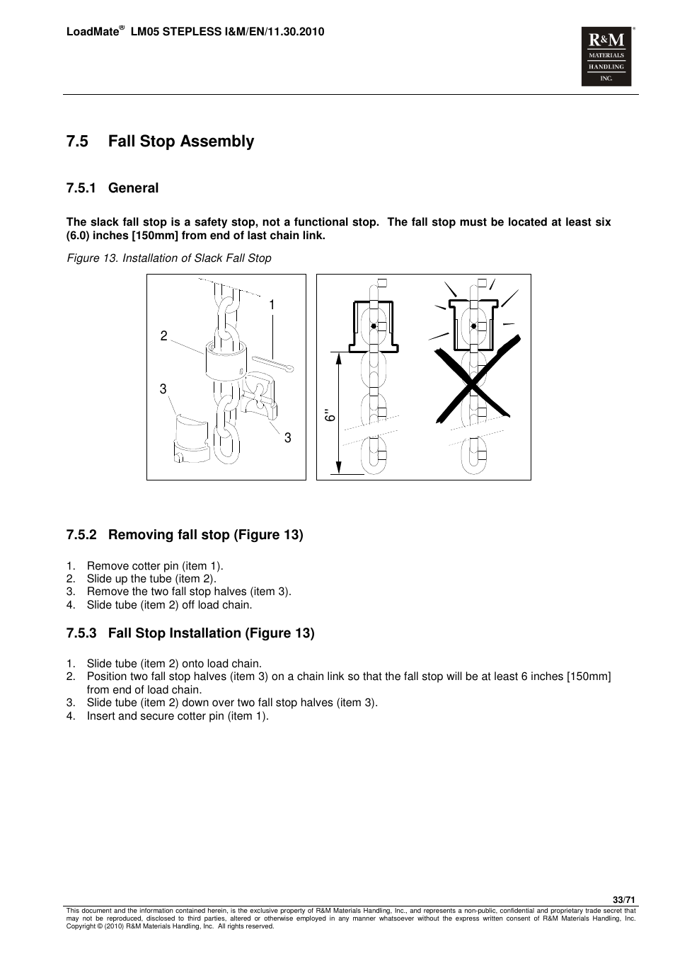 5 fall stop assembly, 1 general, 2 removing fall stop (figure 13) | 3 fall stop installation (figure 13) | R&M Materials Handling ELECTRIC CHAIN HOISTS LoadMate Chain Hoist LM 5 Stepless User Manual | Page 33 / 71
