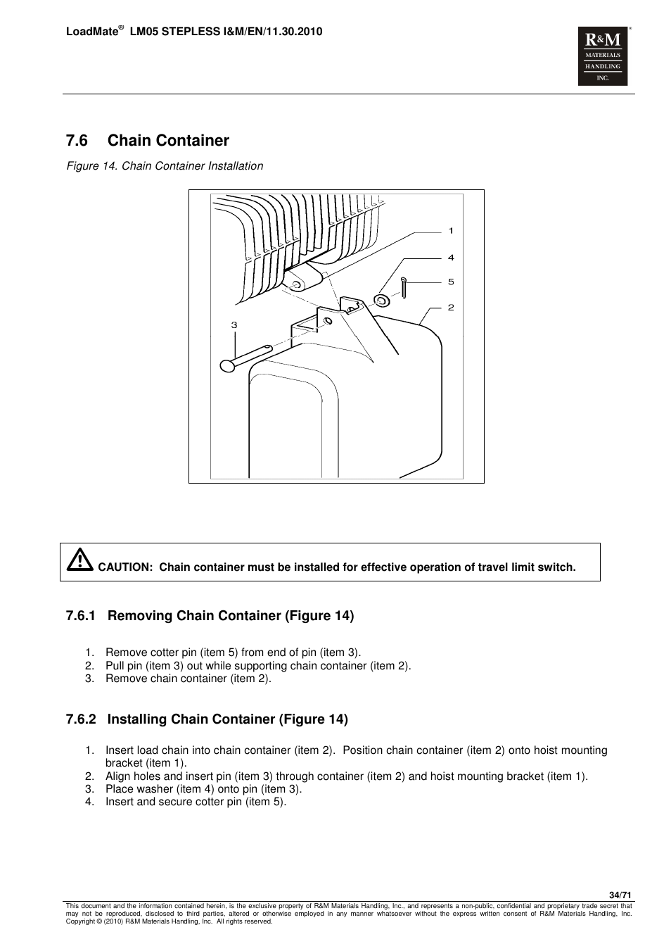 6 chain container, 1 removing chain container (figure 14), 2 installing chain container (figure 14) | R&M Materials Handling ELECTRIC CHAIN HOISTS LoadMate Chain Hoist LM 5 Stepless User Manual | Page 34 / 71