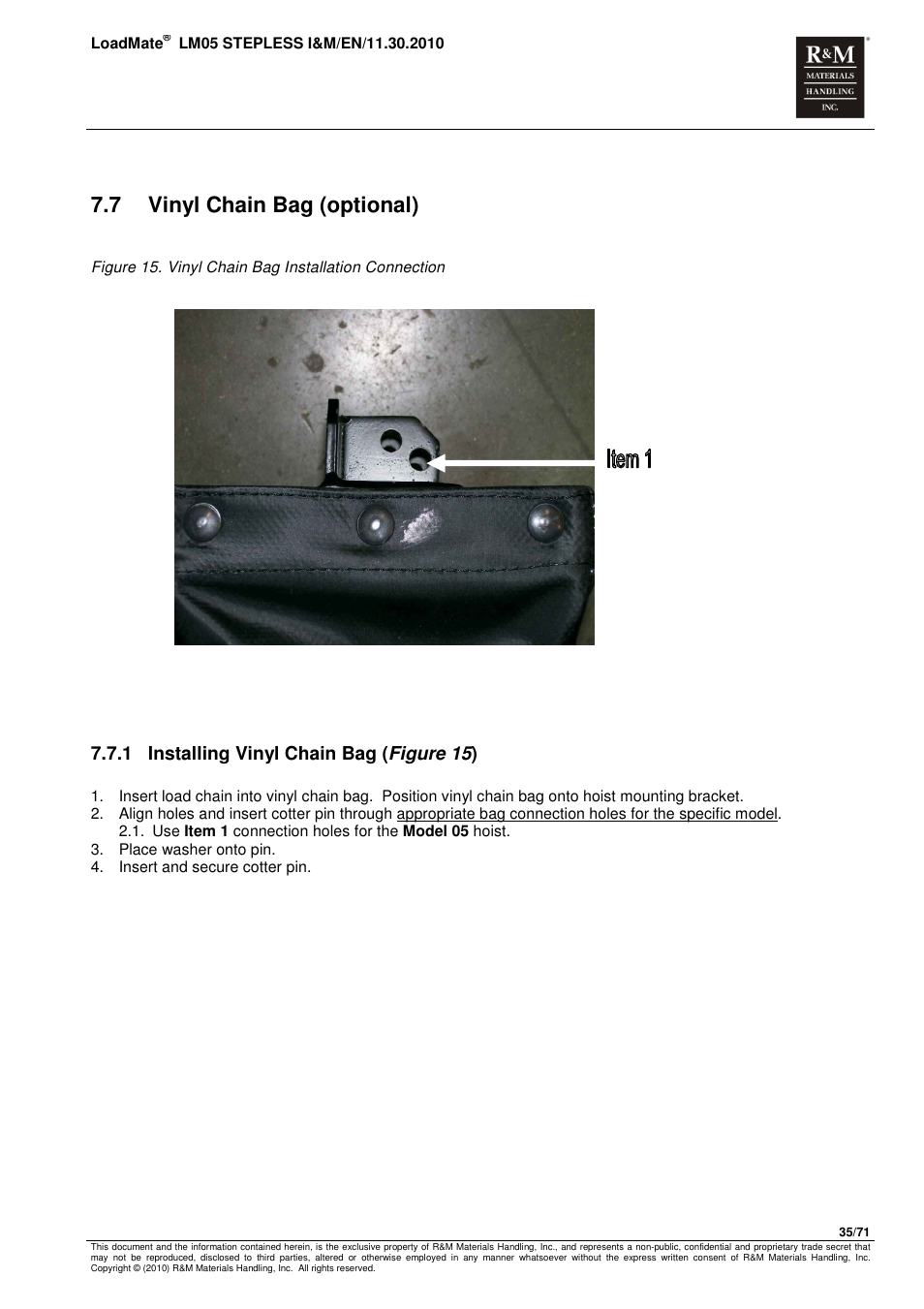 7 vinyl chain bag (optional), 1 installing vinyl chain bag ( figure 15 ) | R&M Materials Handling ELECTRIC CHAIN HOISTS LoadMate Chain Hoist LM 5 Stepless User Manual | Page 35 / 71