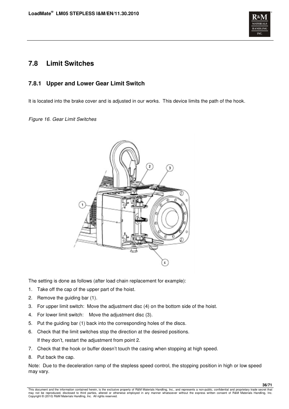 8 limit switches, 1 upper and lower gear limit switch | R&M Materials Handling ELECTRIC CHAIN HOISTS LoadMate Chain Hoist LM 5 Stepless User Manual | Page 36 / 71