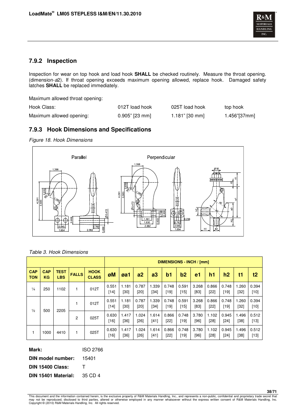 2 inspection, 3 hook dimensions and specifications | R&M Materials Handling ELECTRIC CHAIN HOISTS LoadMate Chain Hoist LM 5 Stepless User Manual | Page 38 / 71