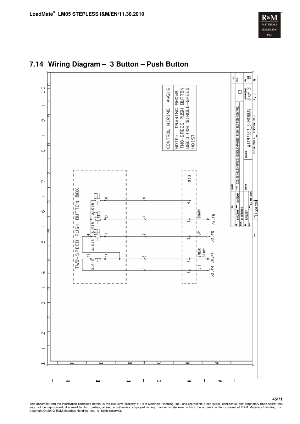 14 wiring diagram – 3 button – push button | R&M Materials Handling ELECTRIC CHAIN HOISTS LoadMate Chain Hoist LM 5 Stepless User Manual | Page 45 / 71