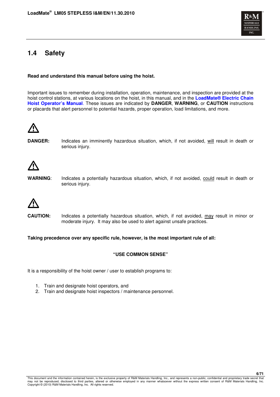4 safety | R&M Materials Handling ELECTRIC CHAIN HOISTS LoadMate Chain Hoist LM 5 Stepless User Manual | Page 6 / 71