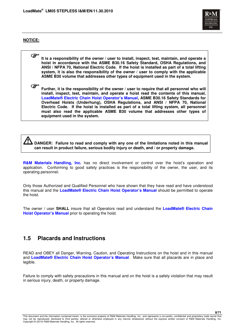 5 placards and instructions | R&M Materials Handling ELECTRIC CHAIN HOISTS LoadMate Chain Hoist LM 5 Stepless User Manual | Page 8 / 71