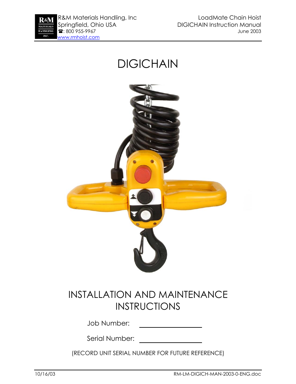 R&M Materials Handling ELECTRIC CHAIN HOISTS Digichain User Manual | 9 pages