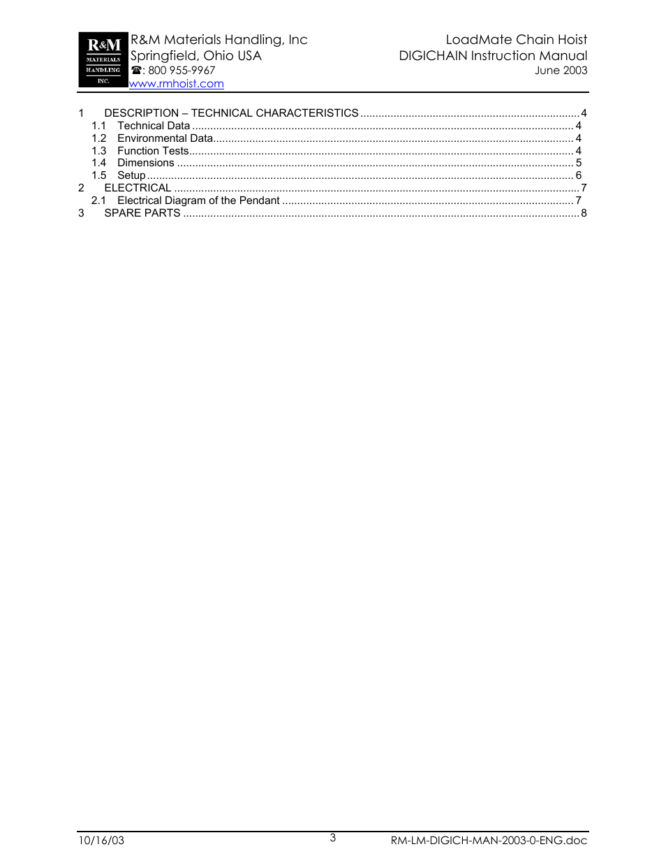 Table of content | R&M Materials Handling ELECTRIC CHAIN HOISTS Digichain User Manual | Page 3 / 9