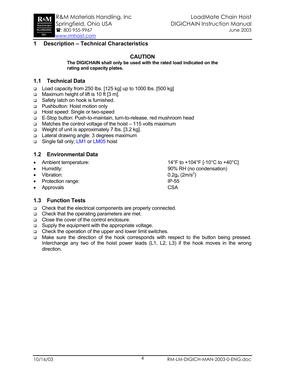 1 description - technical characteristics, 1 technical data, 2 environmental data | 3 function tests | R&M Materials Handling ELECTRIC CHAIN HOISTS Digichain User Manual | Page 4 / 9