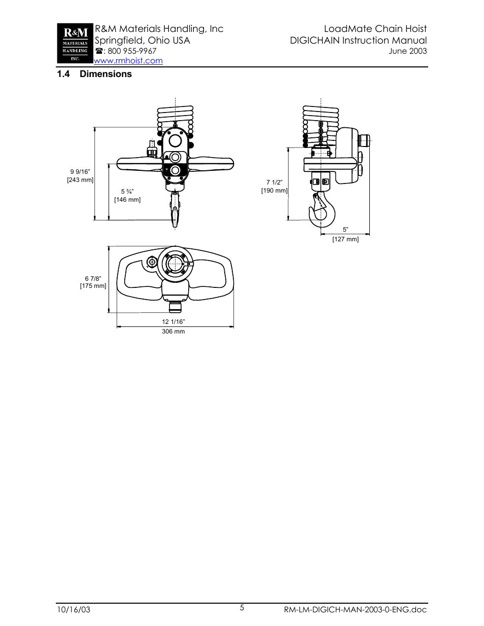 4 dimensions | R&M Materials Handling ELECTRIC CHAIN HOISTS Digichain User Manual | Page 5 / 9