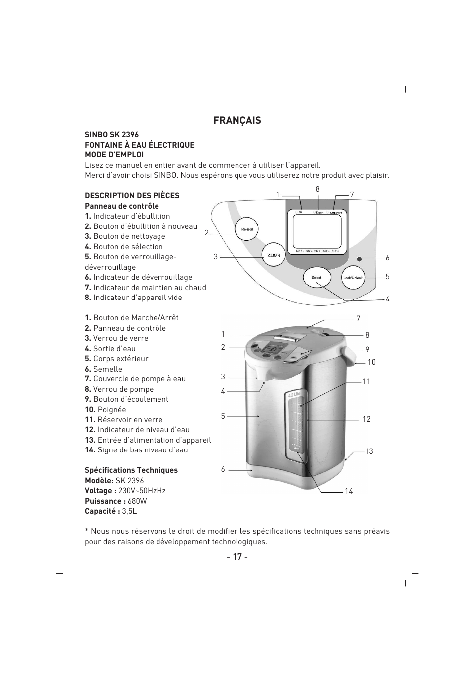 Français | SINBO SK 2396 User Manual | Page 18 / 67