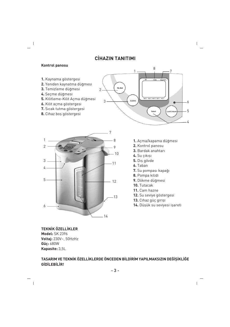 C‹hazin tanitimi | SINBO SK 2396 User Manual | Page 4 / 67