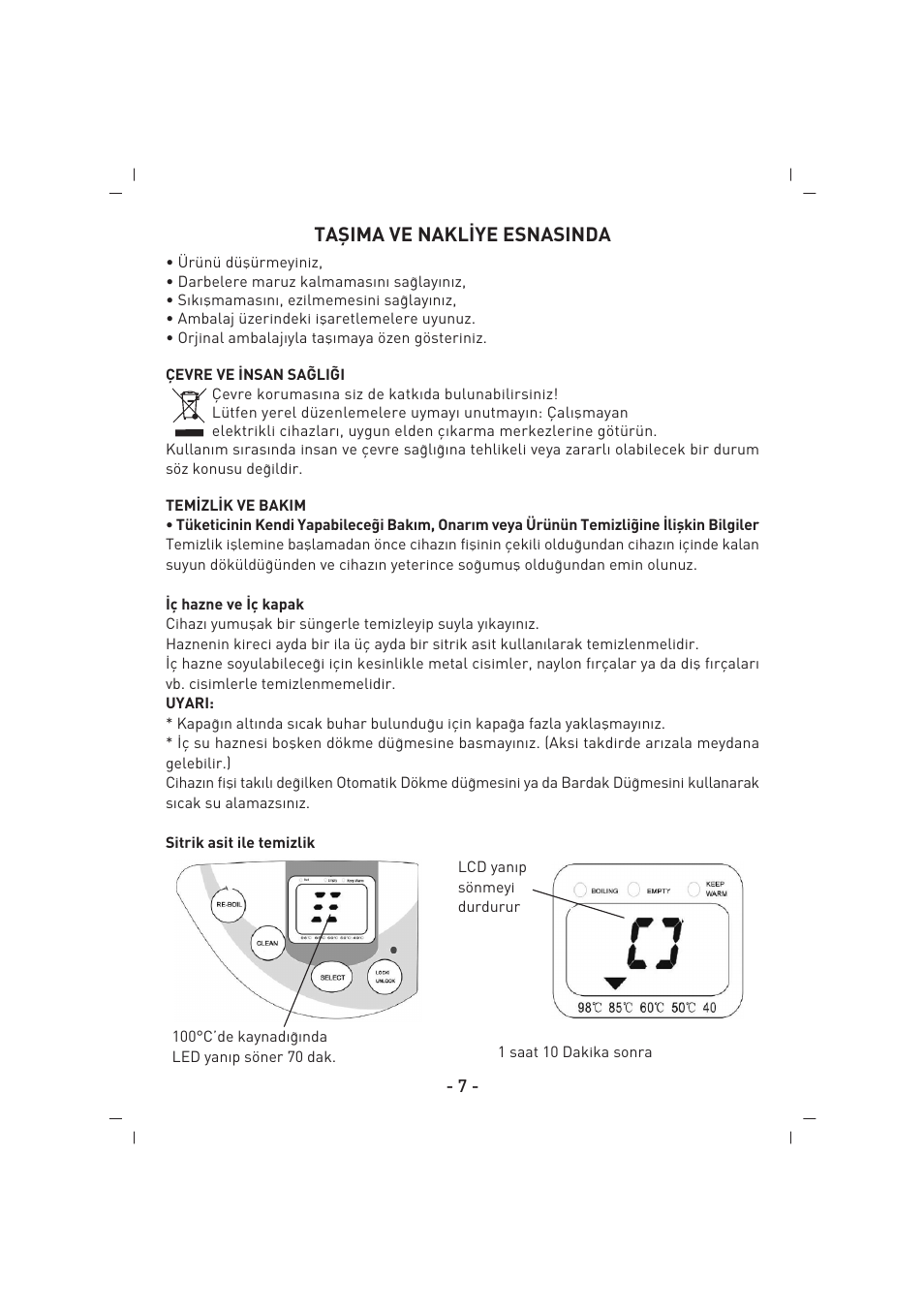 Tafiima ve nakl‹ye esnasinda | SINBO SK 2396 User Manual | Page 8 / 67
