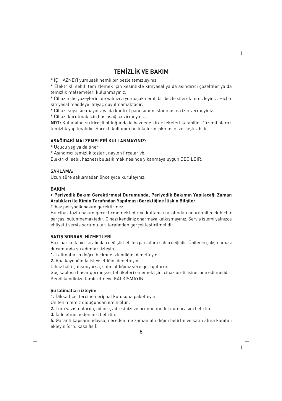 Tem‹zl‹k ve bakim | SINBO SK 2396 User Manual | Page 9 / 67