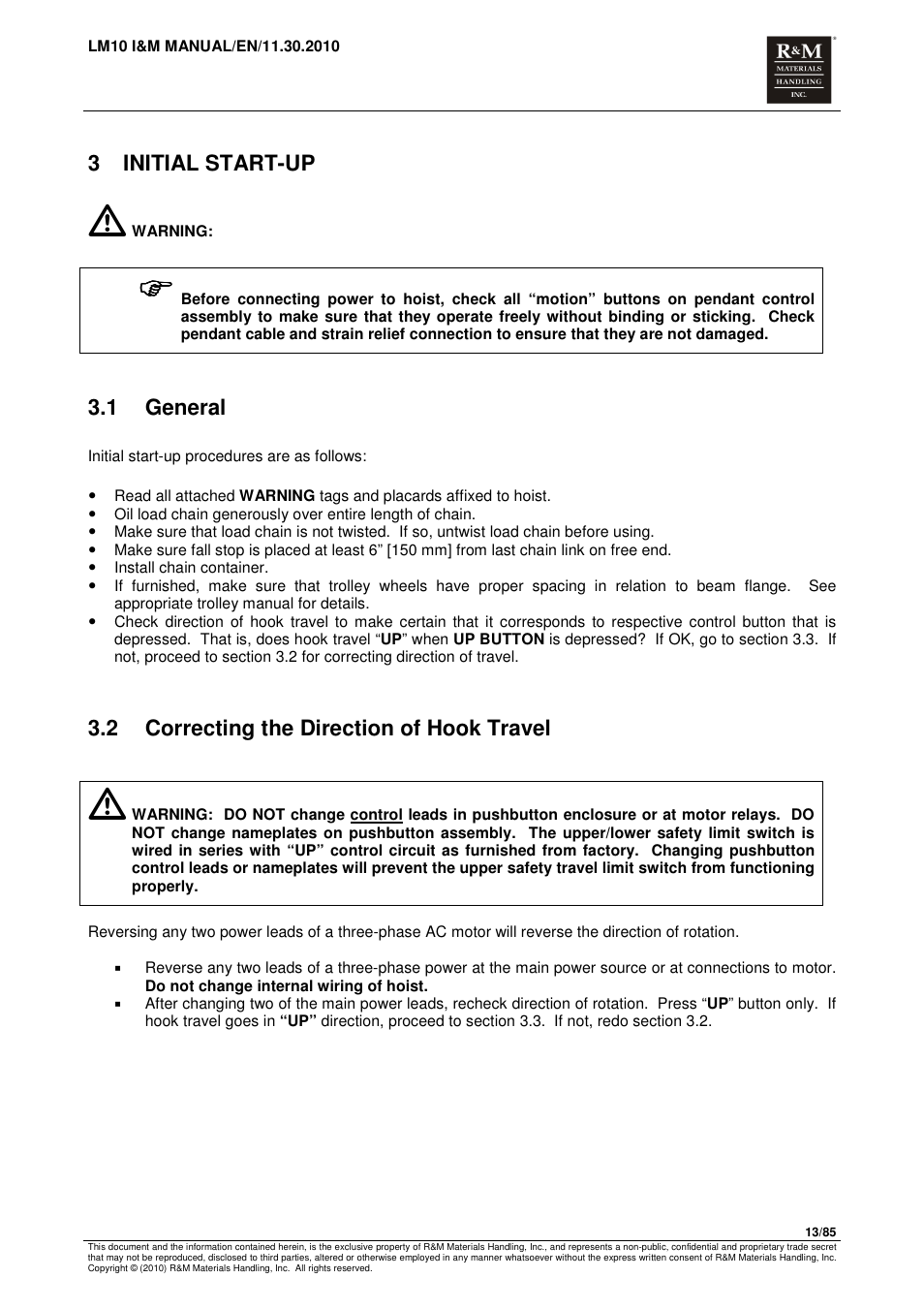 3 initial start-up, 1 general, 2 correcting the direction of hook travel | R&M Materials Handling ELECTRIC CHAIN HOISTS LoadMate Chain Hoist LM 10 User Manual | Page 13 / 85